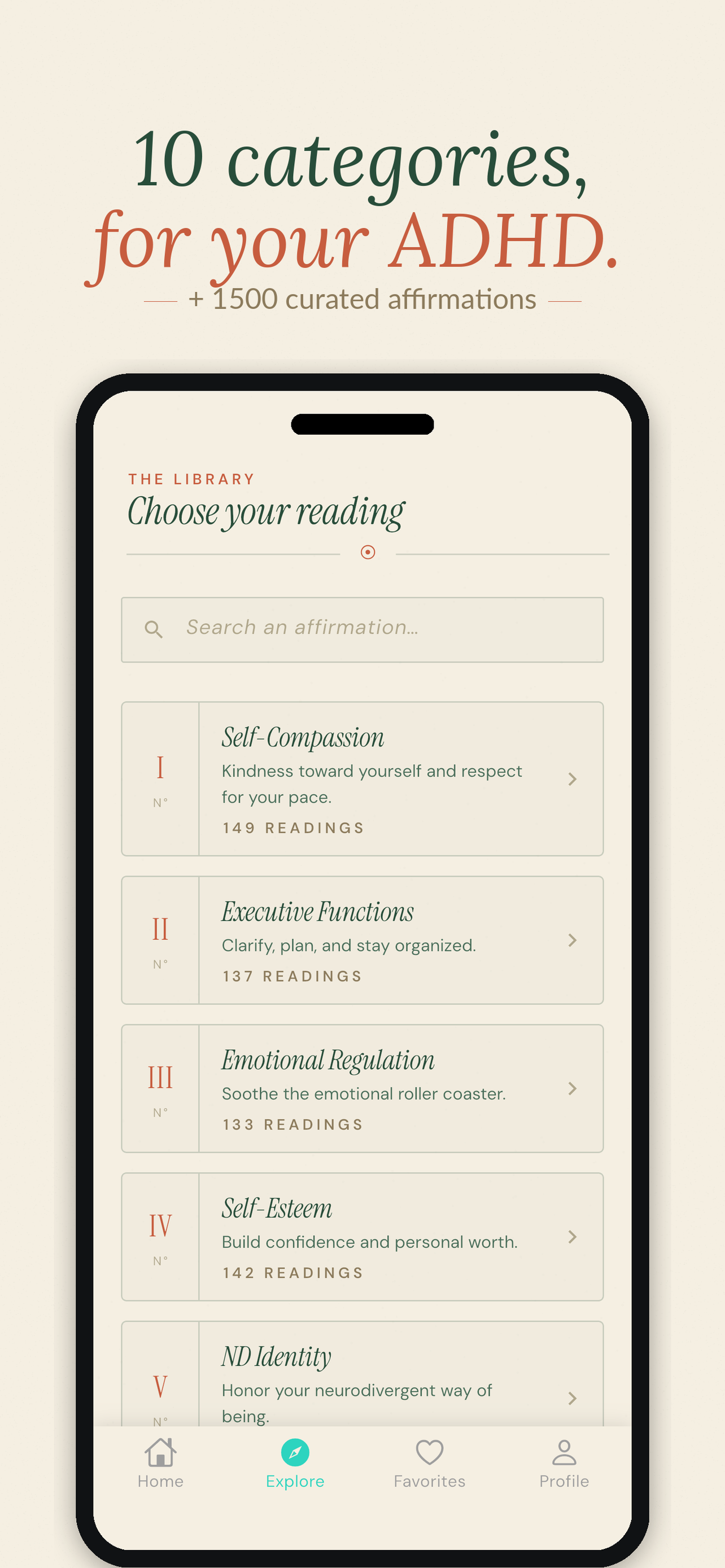 The Afflo library and its affirmation categories designed for ADHD minds