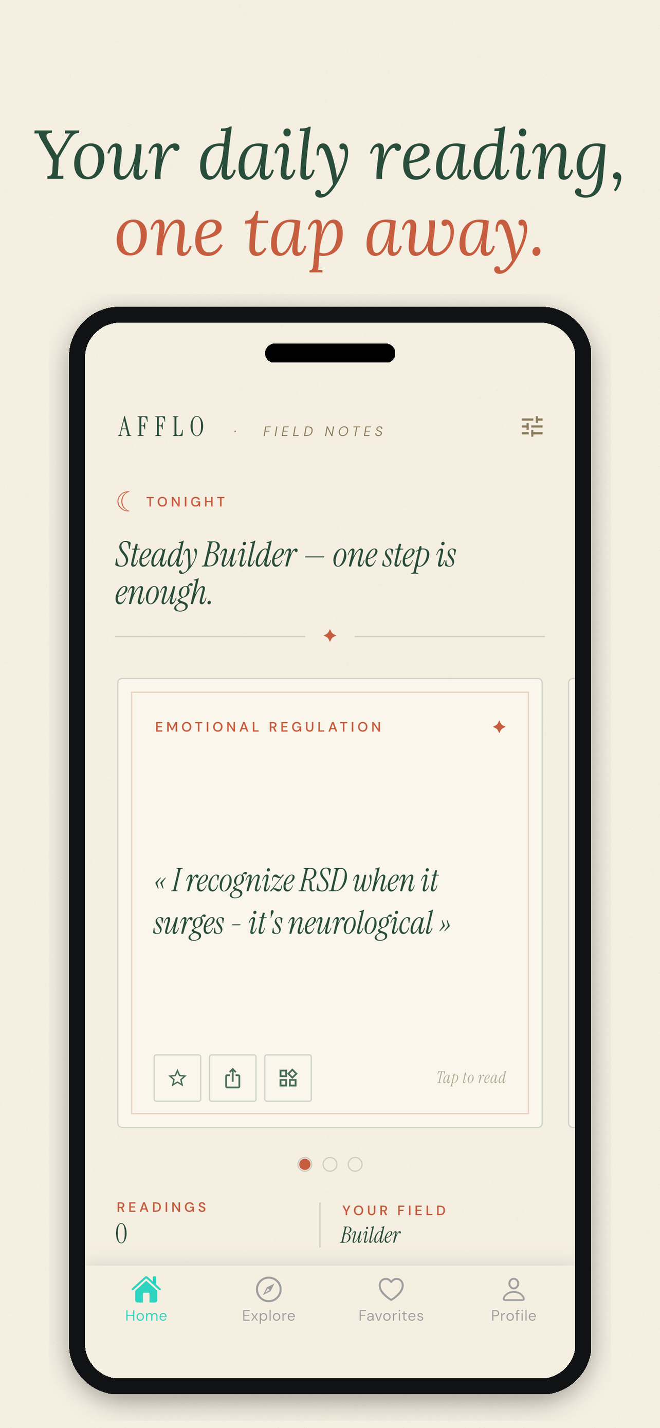 The Afflo journal showing a self-compassion affirmation with listen, save and share actions