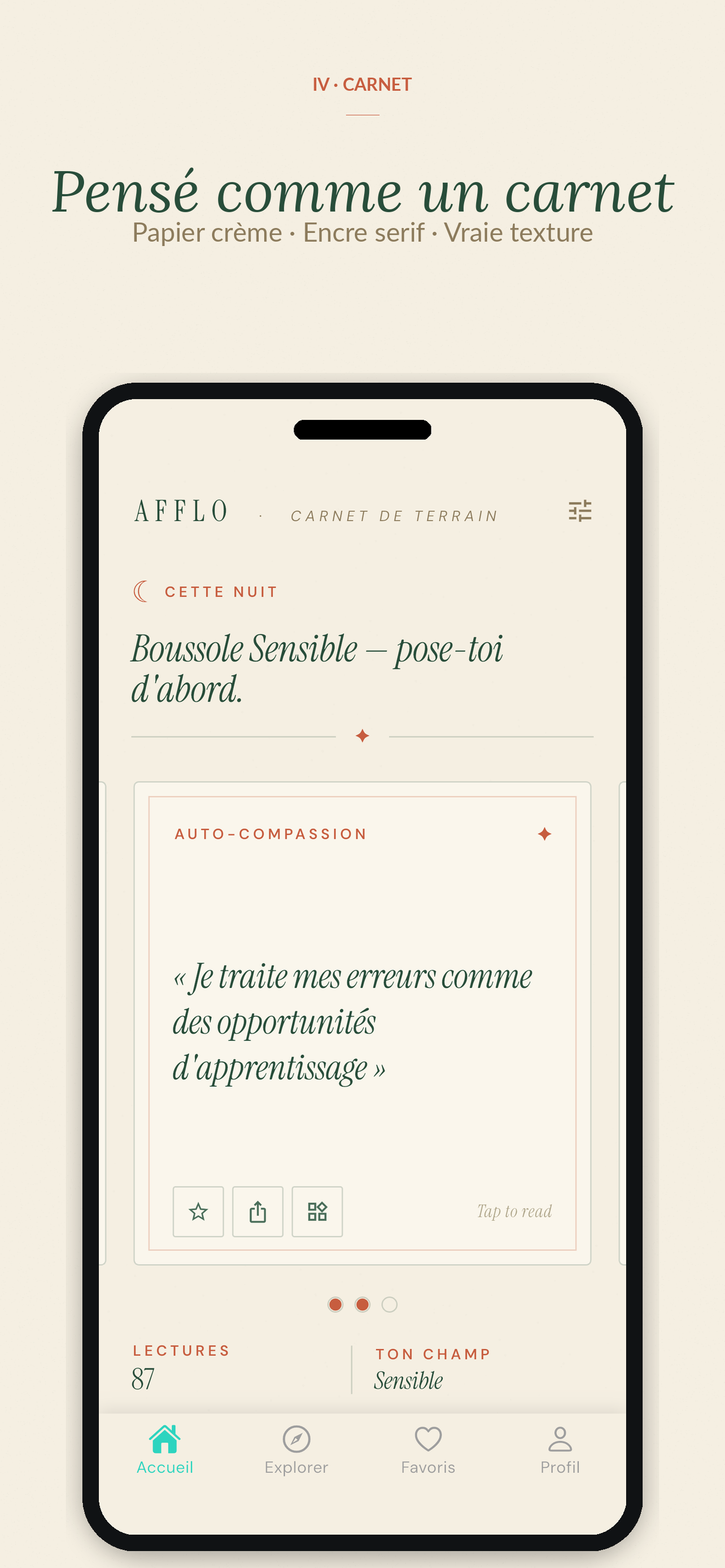 Le carnet Afflo présentant une affirmation d’auto-compassion et ses actions d’écoute, de sauvegarde et de partage