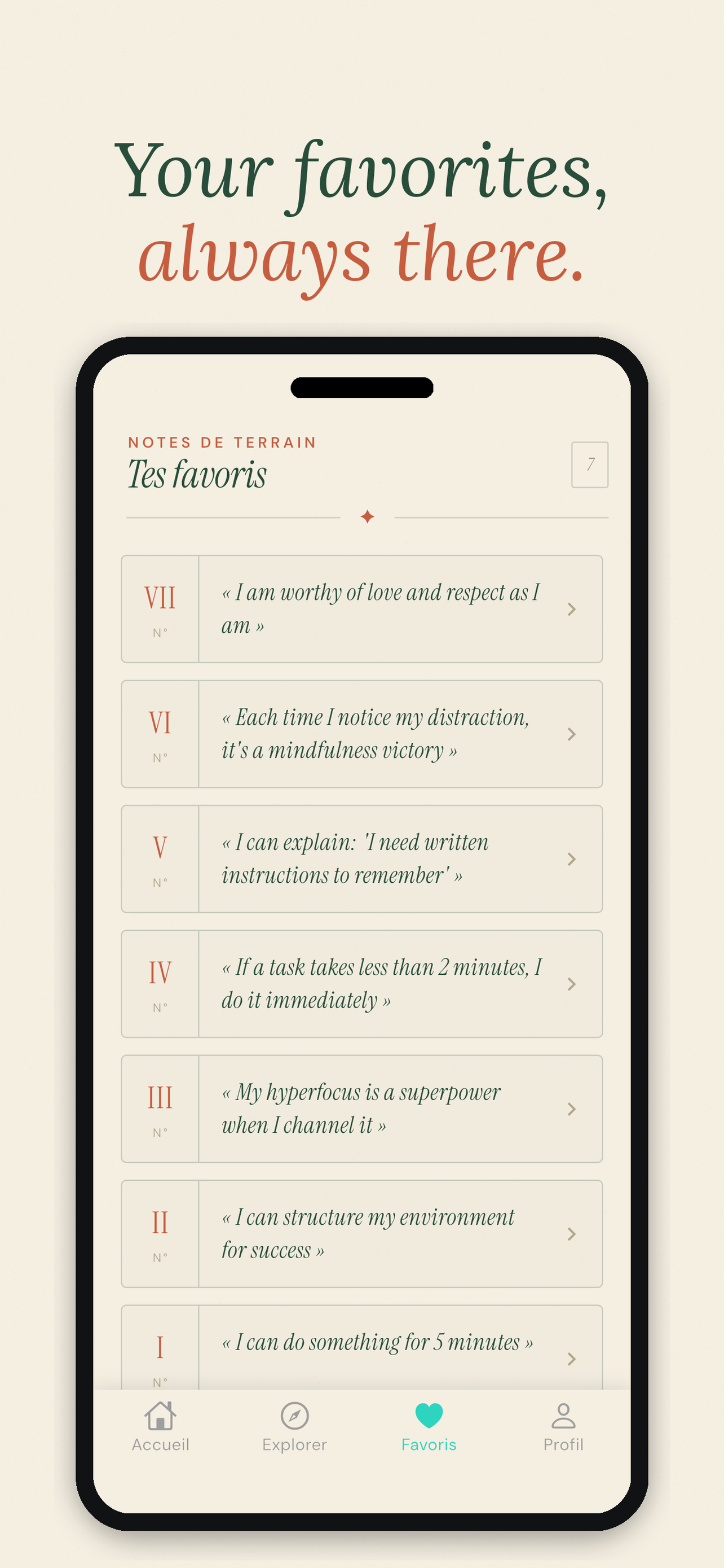 The Afflo Favourites screen with a personal collection of saved affirmations