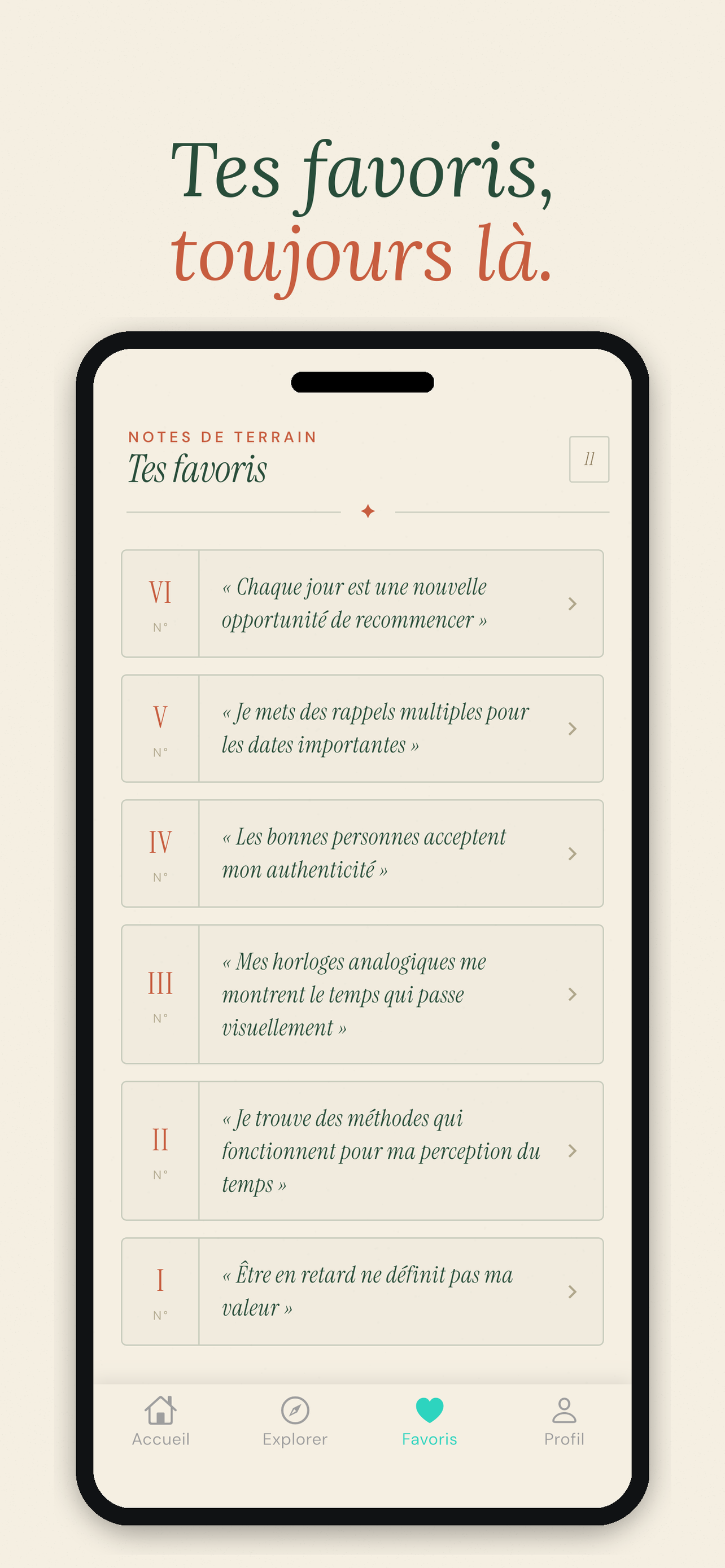 L’écran Favoris d’Afflo avec une collection personnelle d’affirmations sauvegardées
