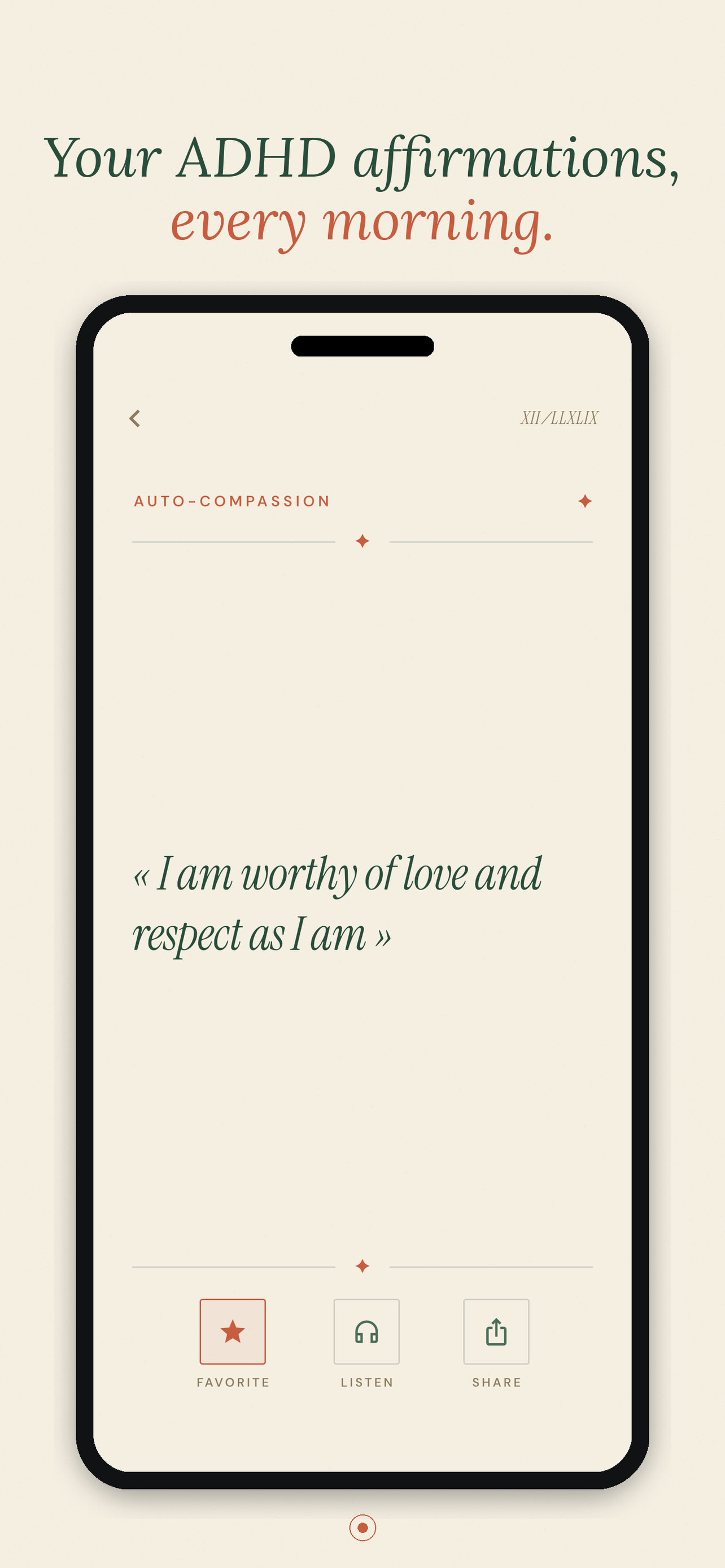 Afflo showing a self-compassion affirmation in a calm journal interface
