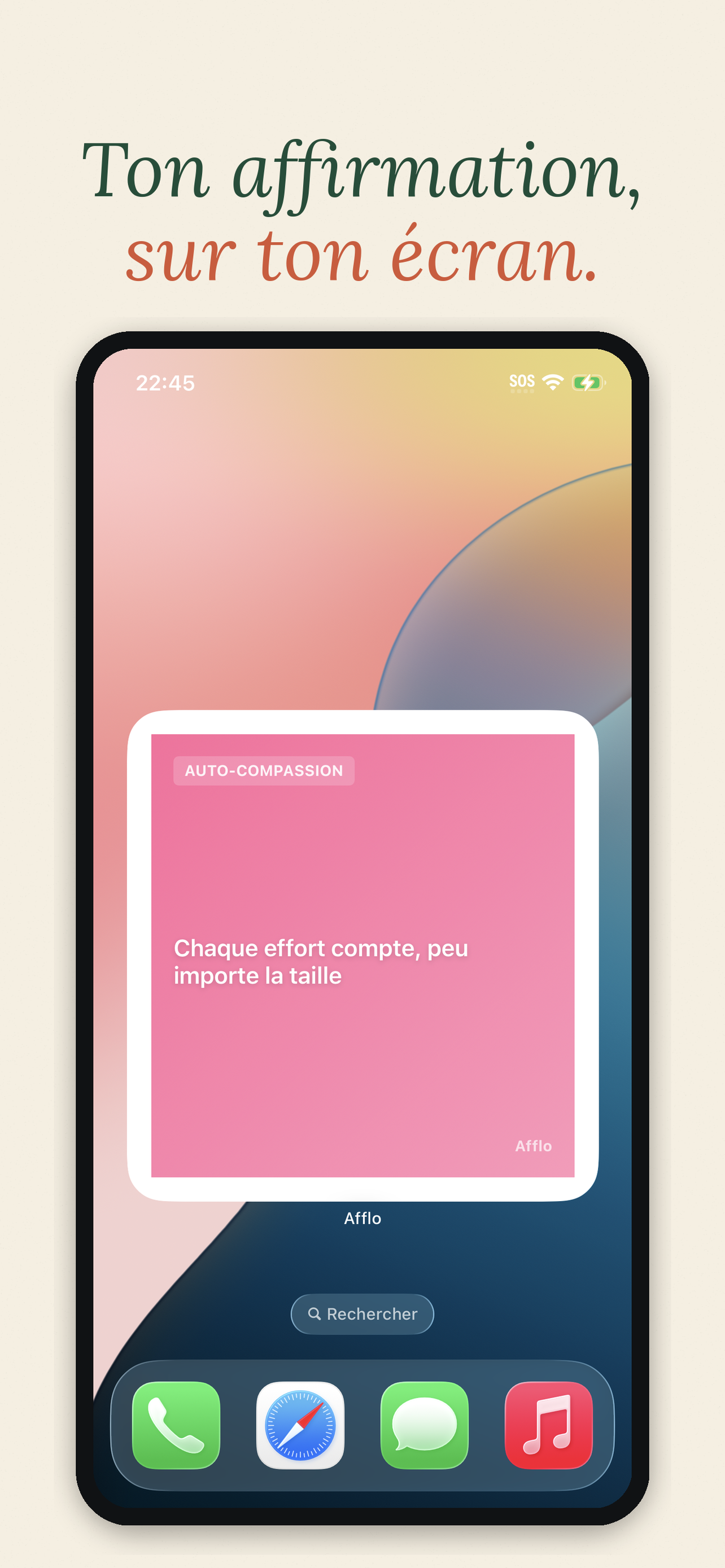 Le widget Afflo affichant une affirmation directement sur l’écran d’accueil